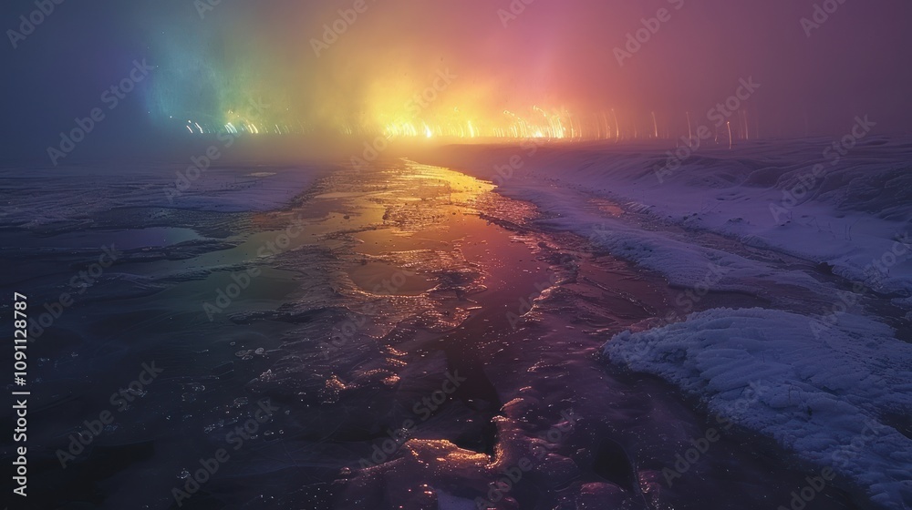 Fototapeta premium Ethereal landscape with colorful lights and icy terrain.