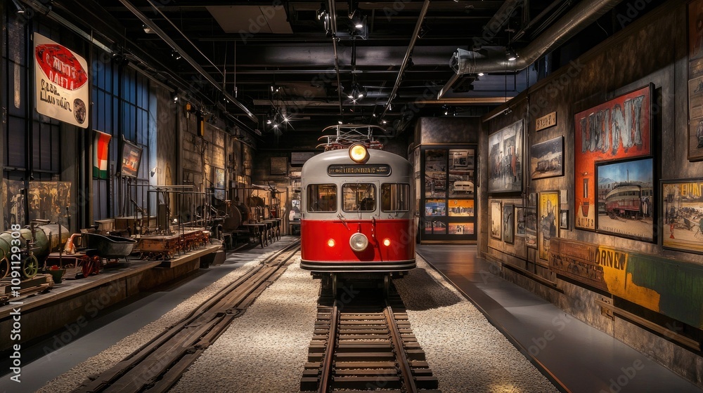 Obraz premium Vintage Red Streetcar Exhibit Inside a Historical Museum with Artifacts, Displays, and Photographs Showcasing Urban Transportation History