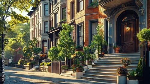 Beautiful Brownstone Street in the Morning Sun