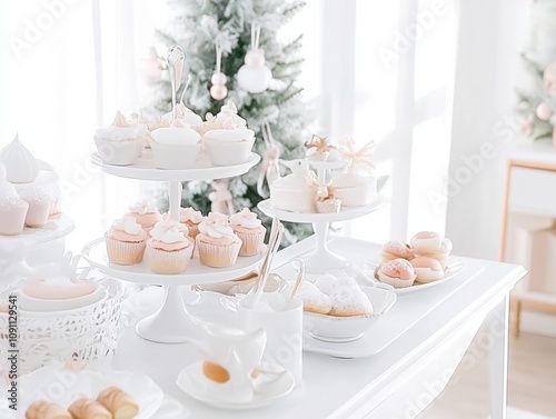 Wallpaper Mural Luxurious holiday dessert table with sparkling Christmas tree snowy windows Torontodigital.ca