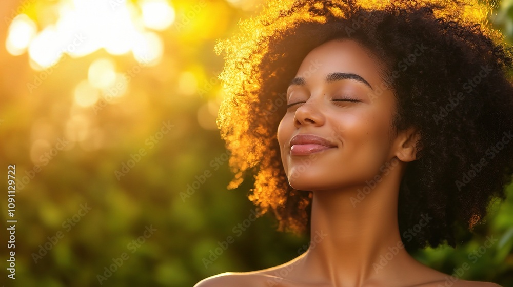 Fototapeta premium Beautiful Woman Enjoying Sunlight and Nature, Radiating Joy and Serenity in a Blissful Moment Surrounded by Warm Rays of Sunshine