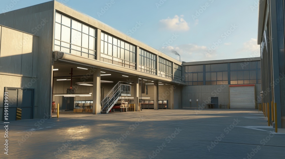 Fototapeta premium Modern industrial building with large windows and a loading area.