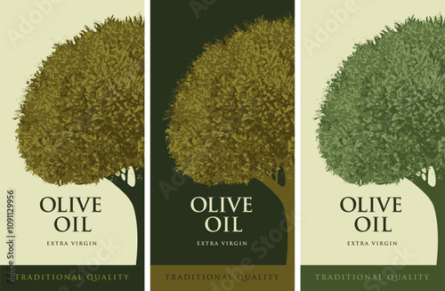 Set of vector labels for olives or olive oil with olive tree design in retro style. Suitable for designing logo, sticker, banner