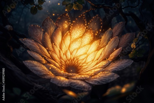 Magical Glowing Flower with Sparkling Petals in Enchanted Forest Setting