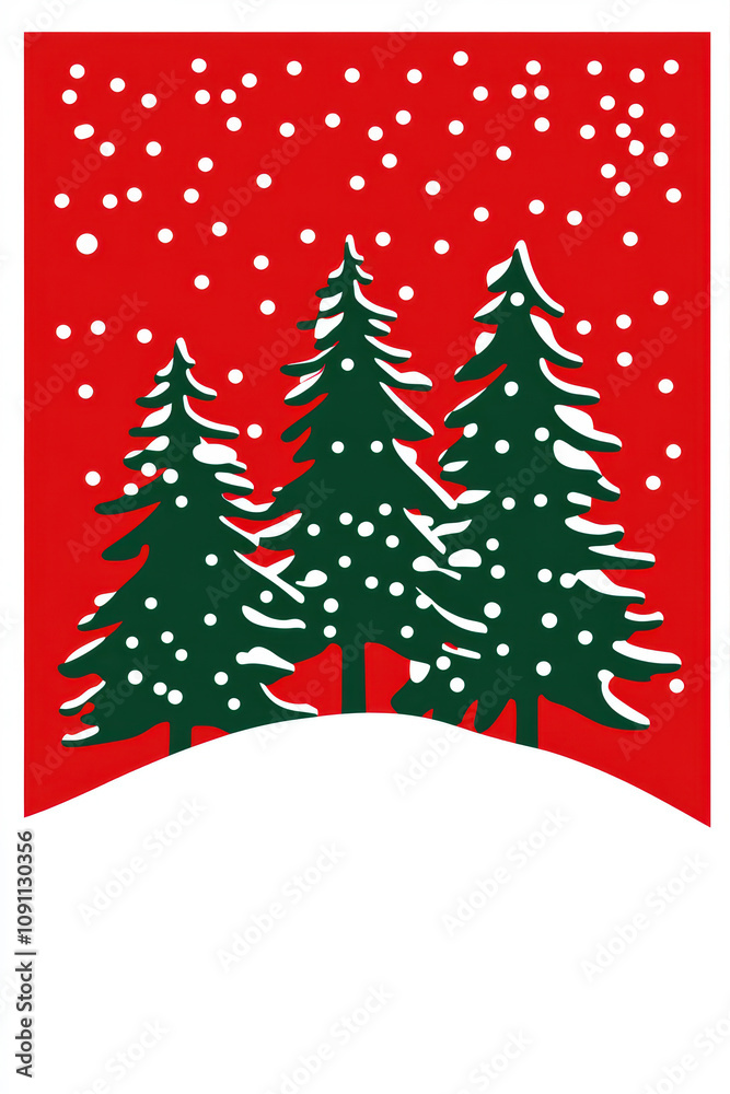 Obraz premium Simple Laser Cut Vector of Snow-Covered Trees on a Vibrant Red Background for Holiday Decor