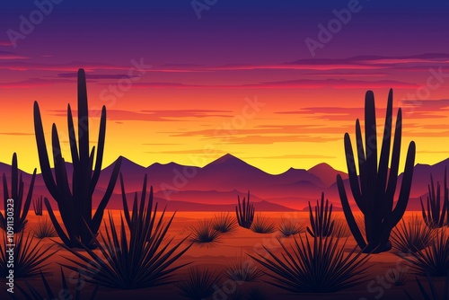 Fiery Sunset Hues Paint the Desert Landscape, Silhouetting Majestic Cacti and Agave