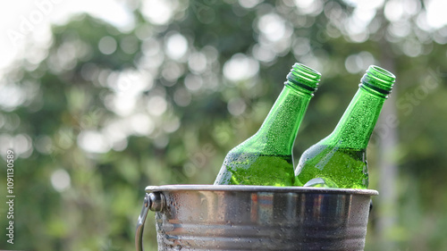 Green beer bottle rest in a bucket of ice, symbolizing refreshment and relaxation, perfect for unwinding during social gatherings or celebrating special moments.