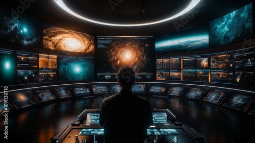 Man in Control Room Analyzing Space Data on Multiple Screens with Futuristic Interface