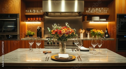 Elegant dinner setting on kitchen island with flowers.