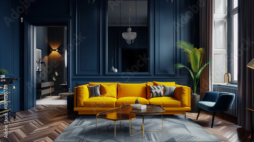 Contemporary living room with bold navy blue walls, a mustard yellow sofa, and black-and-gold accent tables on a herringbone wood floor.