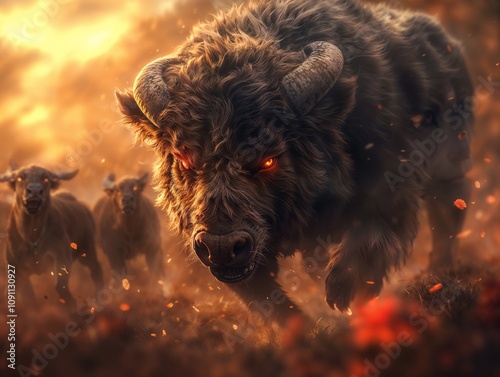 Powerful Charging Fantasy Bull in Dramatic Sunset with Glowing Eyes and Dust