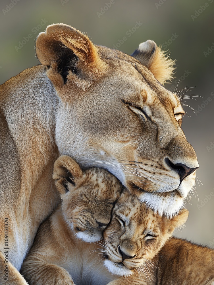 Obraz premium A tender moment between a lioness and her cute cubs, showcasing the beauty of maternal love in the wild.