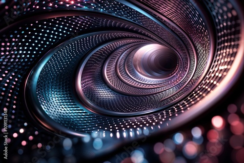 Abstract Futuristic Metallic Tunnel with Vibrant Lights and Dynamic Patterns