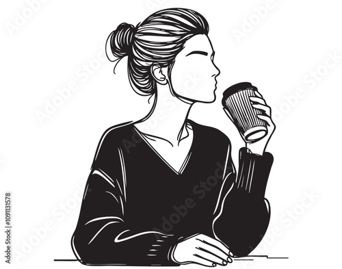 The girl is drinking coffee vector illustrator line art