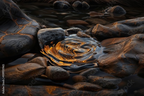 Serene Stream with Golden Swirling Reflection Amongst Smooth Rocks at Sunset