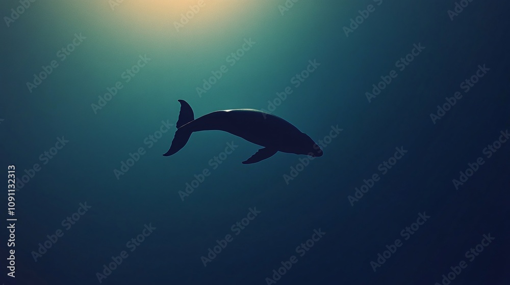 Fototapeta premium Majestic Whale Silhouette Diving in Deep Oceanic Gradient