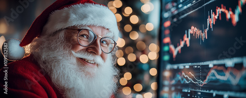 Smiling adorable Santa with stock market charts and christmas tree in background. Christmas on stock exchange concept. Shallow depth of field. photo