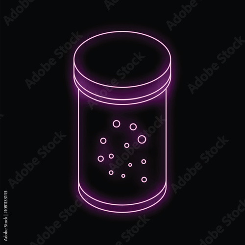 Glowing neon icon of a jar with effervescent tablets dissolving in water, isolated on a black background