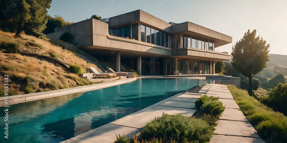 Fototapeta premium futuristic brutalist villa building in the hill, created by generative ai