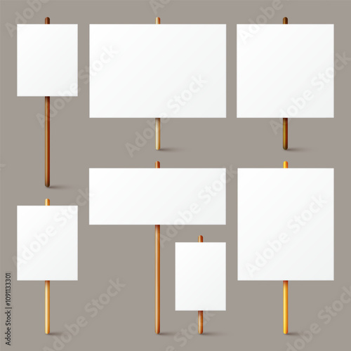 Blank white protest sign with wooden holder. Various realistic vector demonstration banners. Strike action cardboard placard mockup. Social advertisement. Vector illustration