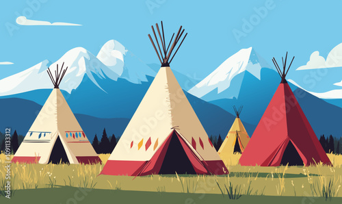 Teepees in scenic landscape, mountains backdrop, vibrant colors, grassy field, traditional Native American structures, clear blue sky, vector illustration, isolated, flat