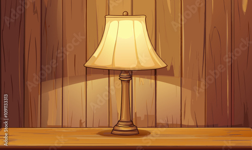 Table lamp with warm light on wooden background, elegant design, soft illumination, wooden texture, cozy atmosphere, vector illustration, isolated, flat