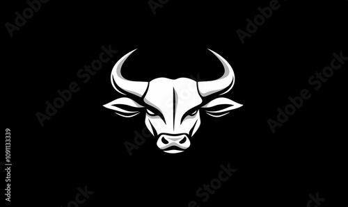 Bull head logo design, fierce expression, sharp horns, minimalist style, black background, vector illustration, isolated, flat photo