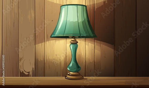 Green lamp with wooden background, elegant design, soft lighting, decorative piece, warm ambiance, vector illustration, isolated, flat