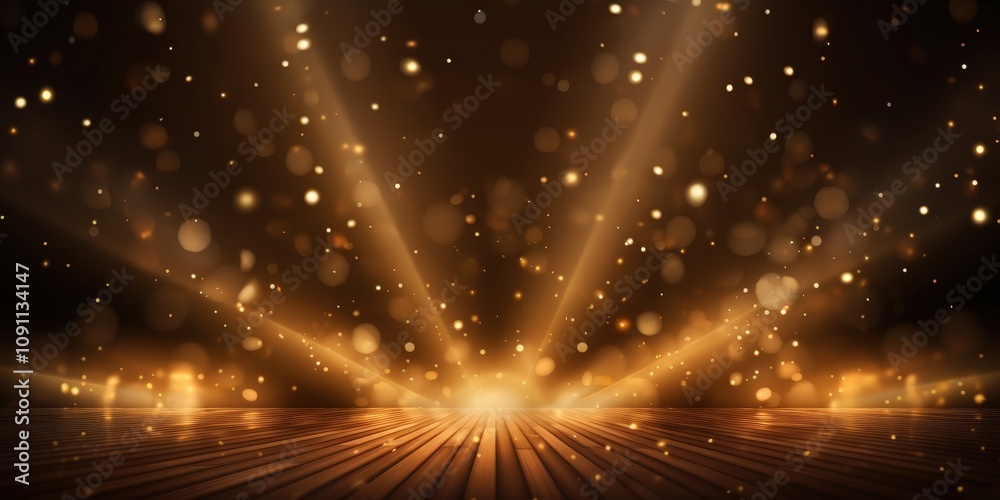 Obraz premium Stunning Abstract Background with Golden Lights and Rays Illuminating a Wooden Floor, Perfect for Celebratory Themes and Elegant Designs