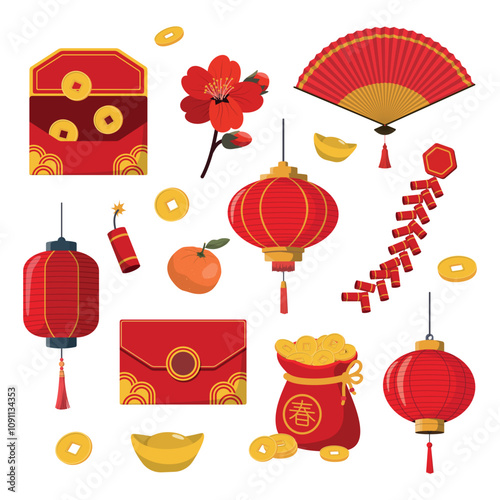Traditional Chinese New Year collection. Cartoon asian red paper lanterns, gold coins, and other holiday elements, festival New Year decoration. Cartoon vector illustration