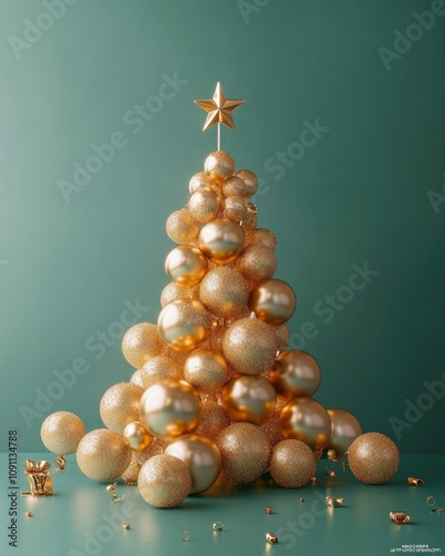 Christmas tree with star on top and gold balls on pastel green background, minimalistic design, elegant design, festive spirit. modern holiday cards.