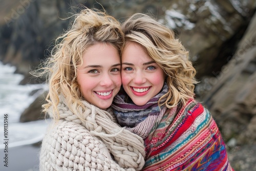 Two young Caucasian women embracing with smiles in outdoor coastal setting, wearing cozy knit sweaters and scarves, showcasing joy, warmth, and vibrant friendship against rugged natural backdrop. photo