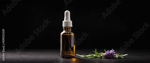 Brown glass dropper bottle with lavender sprig on dark background, symbolizing natural wellness and beauty products. photo