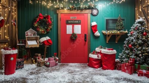 A North Pole post office-themed Christmas photo booth with mailbags, a 'Letters to Santa' mailbox, and cute elf hats, photo