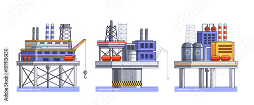 Oil offshore platform for drilling and extraction fossil fuels isolated set on white background