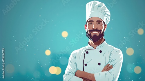 Culinary mastery chef smiling in kitchen professional portrait vibrant atmosphere inspiring ambiance passion for cooking photo