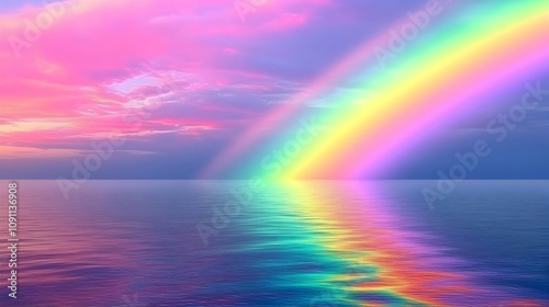 Rainbow Background Landscape and Image - A vibrant rainbow arches over a calm ocean, reflecting colorful skies at sunset.