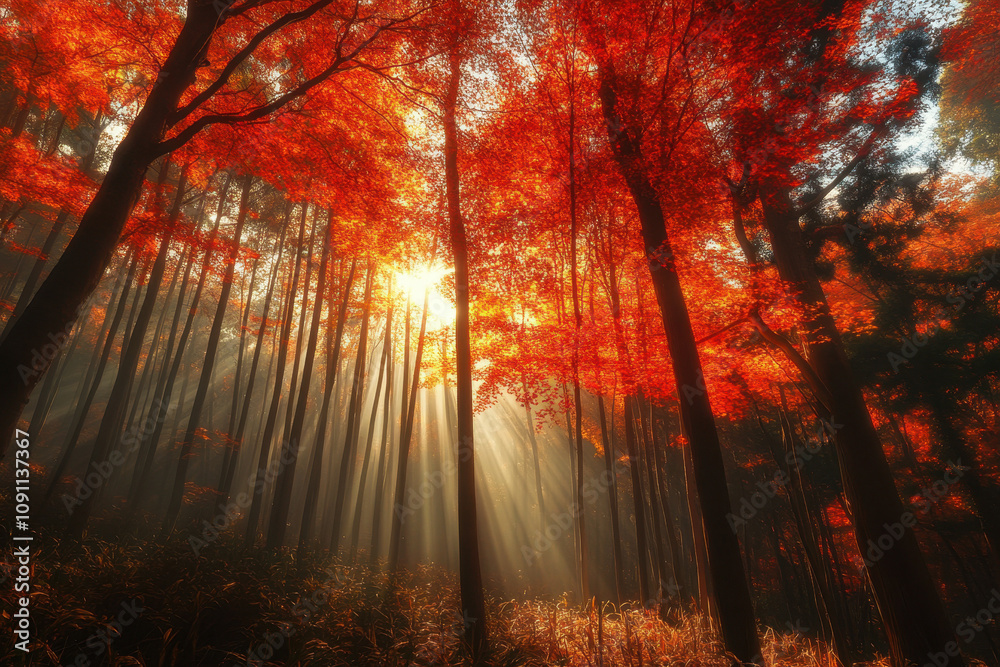 Obraz premium Sunlight filters through vibrant red autumn leaves in a serene forest, casting warm rays and creating a peaceful, enchanting atmosphere.