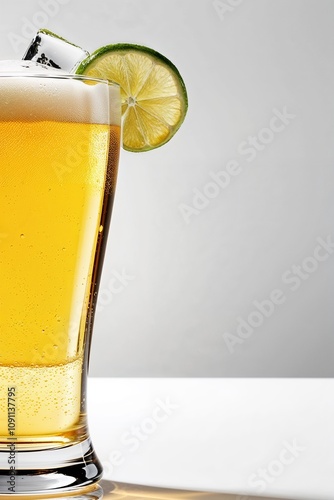 close-up view of a sleek, transparent glass filled to the brim with a refreshing glass of beer, garnished with a slice of lime and a few ice cubes