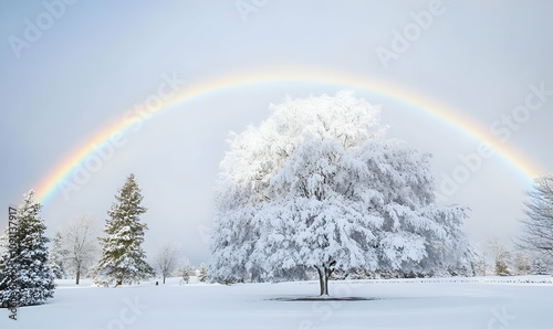 Rainbow Background Landscape and Image - A serene winter landscape featuring a snow-covered tree and a vibrant rainbow.