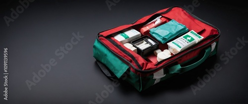 First aid kit organized with essential medical supplies for emergencies and health care situations. photo