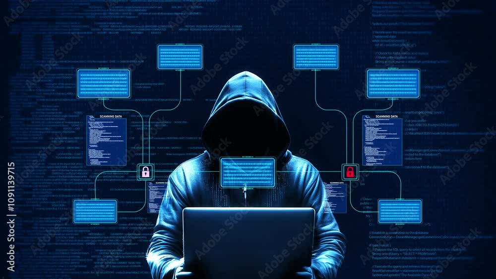 Hacker laptop technology dark background. Cyber attack cyber security concept. Data thief, internet fraud, darknet Cyber internet protection your privacy data, virtual cyber space cyberattack warning