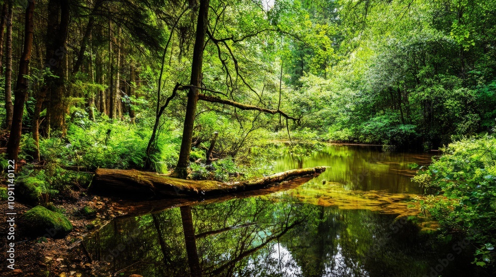 Fototapeta premium A forest with a stream running through it