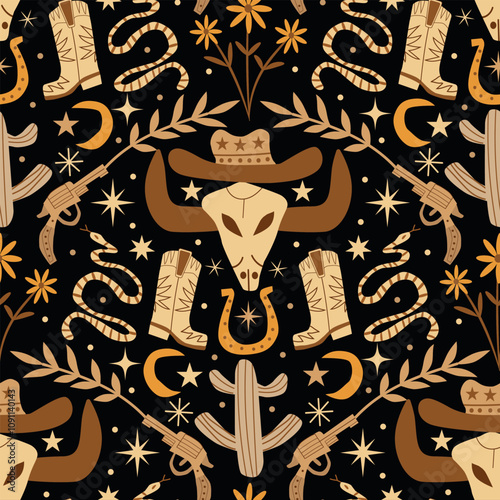 Western boho cowboy seamless pattern in brown and orange  on black background featuring cow head, cowboy boot, hat, horseshoe, snake and gun. For wallpaper, home décor and fabric