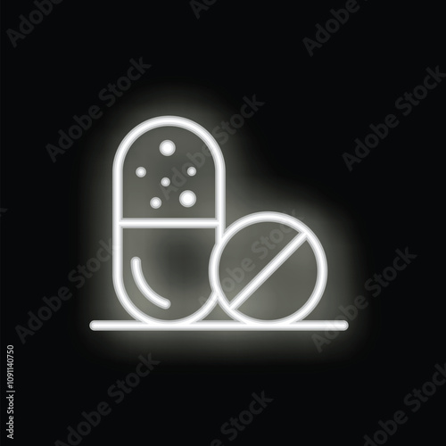 White neon icon of capsule and tablet glowing on dark background representing medical treatment