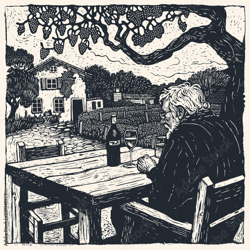 A black and white vector illustration of an elderly man sitting at a table with a bottle of wine, created in a woodcut engraving style