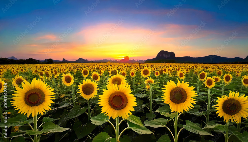 Fototapeta premium Field of sunflowers in full bloom, bathed in the warm glow of a setting sun