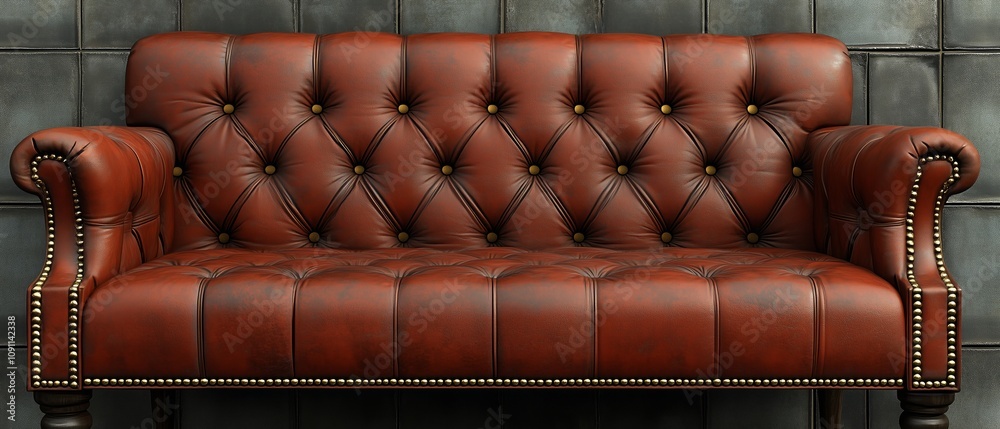 Obraz premium Brown leather couch with a diamond pattern on it. The couch is sitting on a stone wall