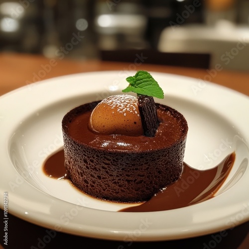 Gourmet chocolate souffle with a molten center, luxurious feel, photo