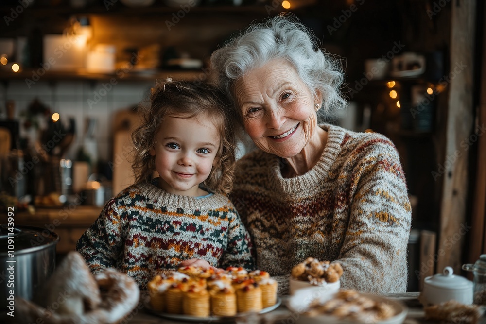 Grandmother and child enjoy time baking together in kitchen Grandmother and child enjoy time baking together in kitchen